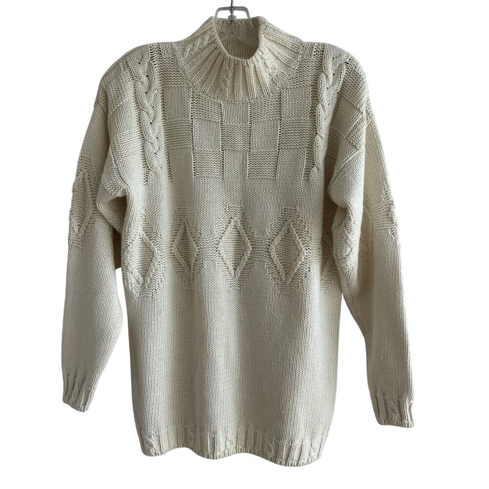 Vintage Casual Corner geometric pattern knit cotton mock sweater, beige, size S.